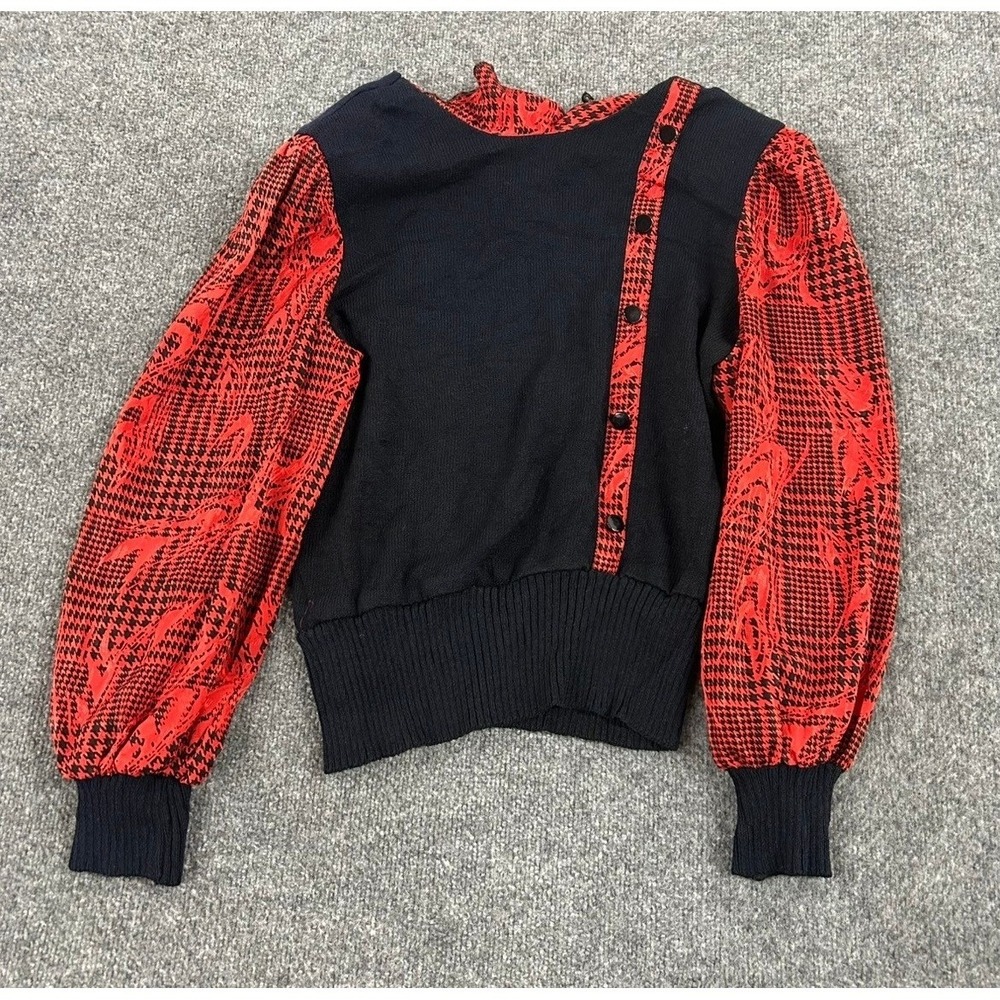 Vintage Sweater Womens Size M Black Red Houndstooth Balloon Sleeve Button Detail